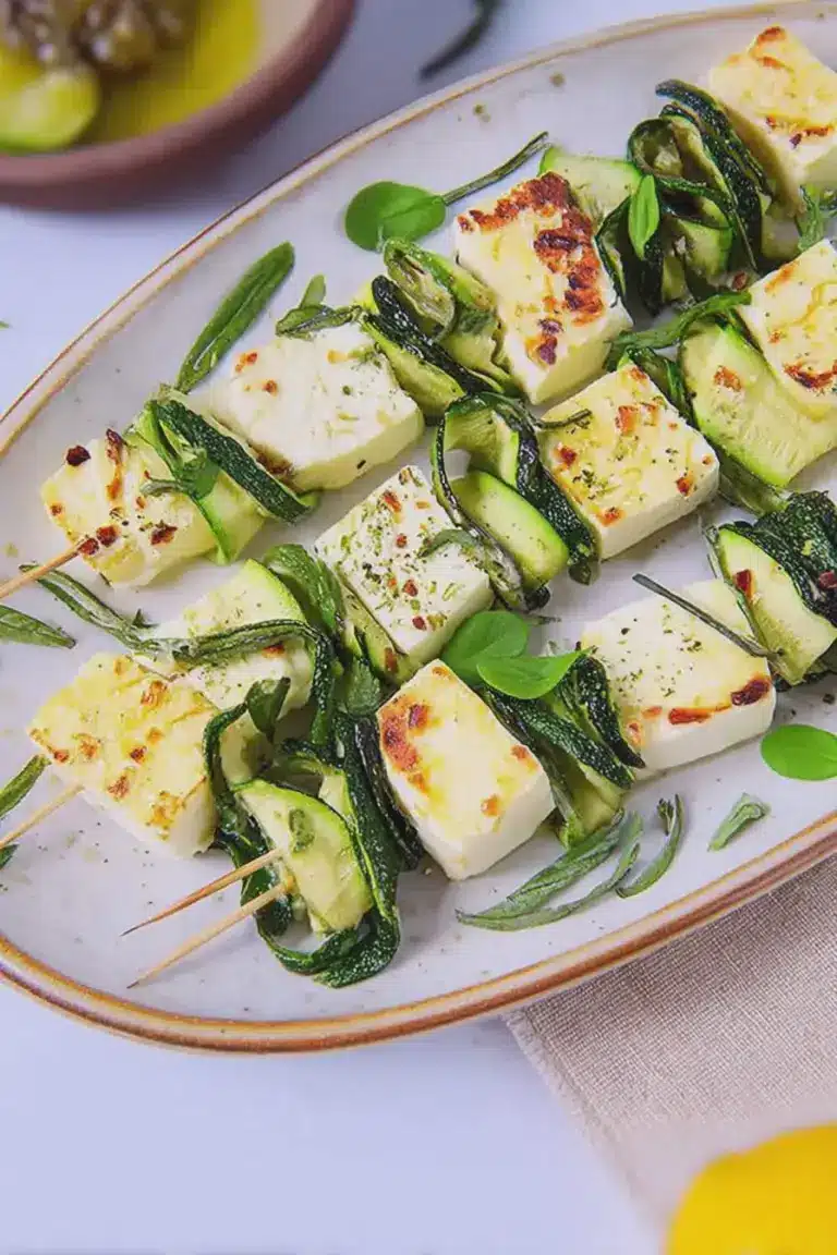 Zucchini und Halloumi Spieße auf dem Grill, perfekt gegrillt und garniert mit frischen Kräutern.