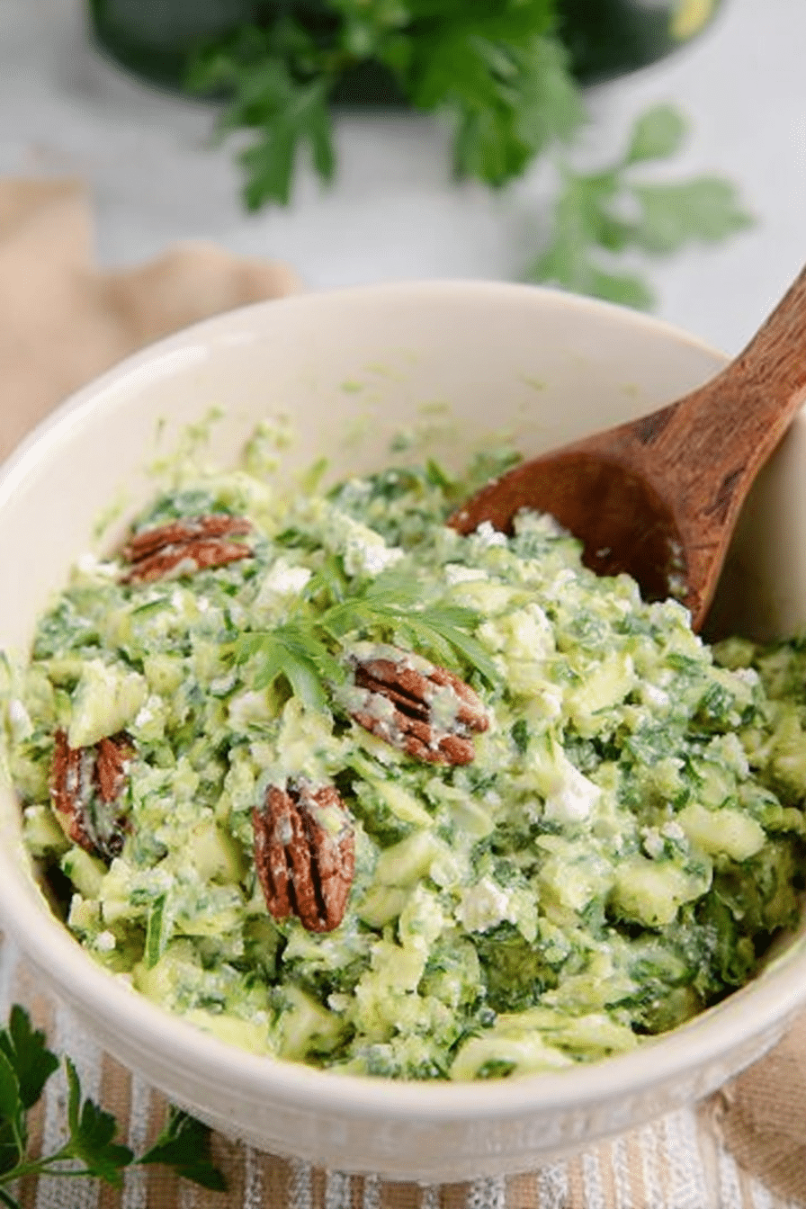 Frischer Zucchini-Salat mit Hüttenkäse, Pekannüssen und Avocado in einer eleganten Schüssel.